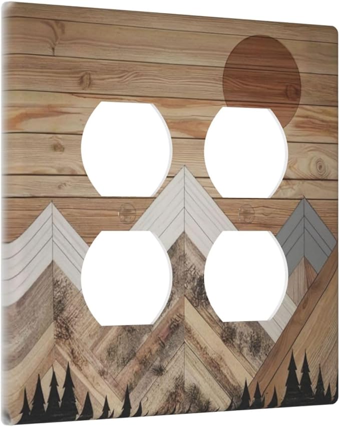 Wooden Planks Mosaic Snow Mountain Sun Outlet Covers 2 Gang Double Duplex Decorative Light Switch Covers Electrical Wallplates Socket Faceplate for Farmhouse Home Decor