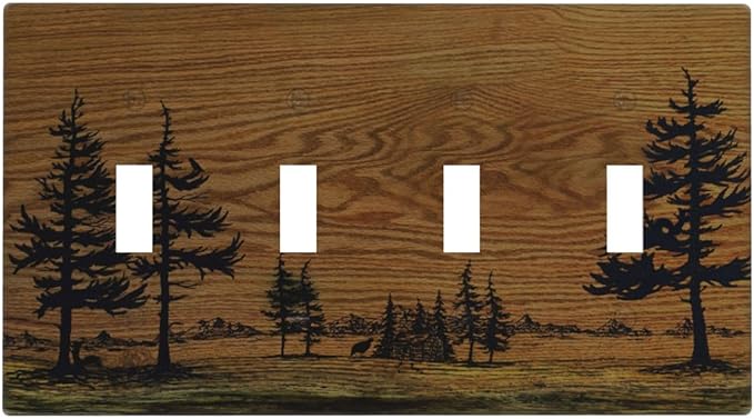 Decorative Switch Plate Covers Rustic Farmhouse Brown Board Pine Tree Wood Grain 4 Gang Light Switch Cover Plate Quad Toggle Wall Plate Light Switch Covers for Bathroom Decor