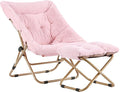 Tiita Folded Chair with Straight Ottoman, Soft Faux Fur Oversized Folding Accent Chair,Lounge Lazy Chair, Metal Frame Moon Chair for Bedroom, Living Room, Dorm Rooms, Garden and Courtyard, Pink