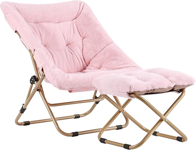 Tiita Folded Chair with Straight Ottoman, Soft Faux Fur Oversized Folding Accent Chair,Lounge Lazy Chair, Metal Frame Moon Chair for Bedroom, Living Room, Dorm Rooms, Garden and Courtyard, Pink