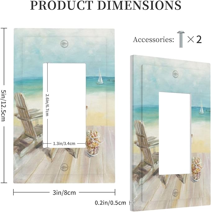 Outlet Covers Beach Chair Seascape Blue Ocean 1 Gang Wall Plate Single Rocker Light Switch Cover Modern Coastal Decorative GFCI Receptacle Cover Electrical Switchplate for Bathroom Bedroom