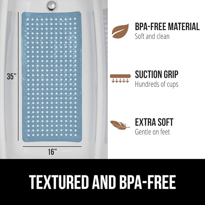 GORILLA GRIP Patented Bath Tub Shower Mat, Machine Washable Bathtub Floor Liner Mats, Suction Cups and Drain Holes to Keep Tubs Clean, Soft on Feet, Bathroom Essentials, 35x16 Inch, Sky Blue Opaque