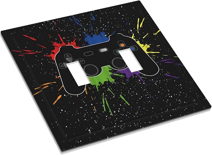 Classic Videogames Controller Black Splash Ink Colorful Decorative Switch Plates 2 Gang Double Toggle Outlet Light Switch Cover Wall Plate Electrical Faceplate for Kids Room Nursery Decor