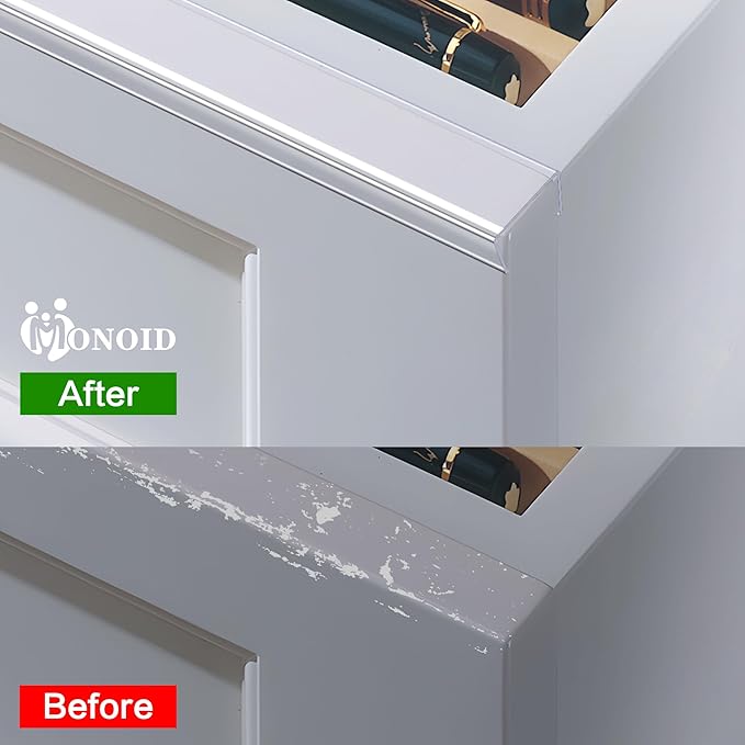 MONOID Cabinet Door Protector, Slip-On Plastic Edge Guard for Kitchen & Drawer Fronts, Prevent Wear, Chipping & Discoloration, Cabinet Bumpers - 5/8" Thick, 39.4" Length - Clear,5 Pack