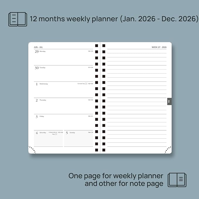 POPRUN 2026 Planner Weekly Notebook (Jan-Dec), Small Size 4''x 6.25'' - 2026 Pocket Calendar for Purse with Spiral Soft Cover, Plastic Ruler, Inner Pocket, 100 GSM - Black