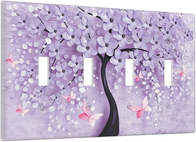 Light Switch Cover 3D Purple Tree 4 Gang Switch Plate Quad Toggle Wall Plates Decorative Switchplate Electrical Outlet Cover Plates for Bathroom Bedroom Decor