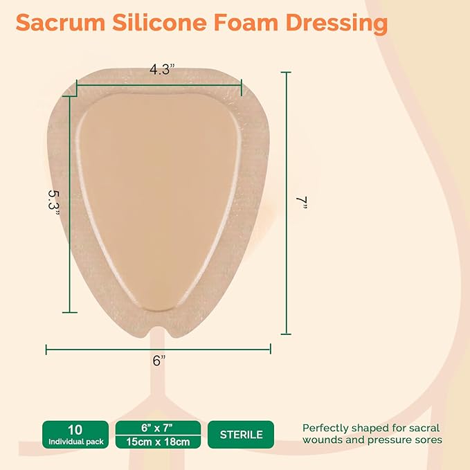 Sacrum Foam Dressing with Border Silicone Adhesive 6"x7" Waterproof Sacral Wound Dressing, High Absorbent Pads Breathable Bed Sore Pressure Wound Care Bandages 10 Packs