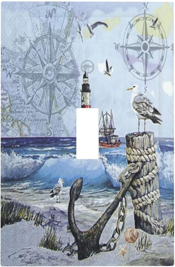 Light Switch Cover Sea Ocean Sand Coast Compass Ship Lighthouse Anchor 1 Gang Wall Plate Cover Single Toggle Outlet Covers Decorative Switchplate Electrical Faceplate for Bathroom Decor
