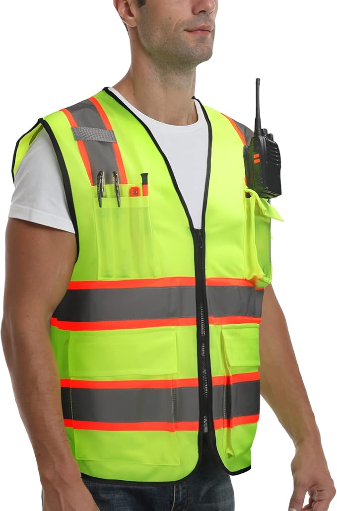 High visibility Class 2 Safety Vest，Hi Vis Vest with 2 inch wide Reflective Strips，Construction vest for men