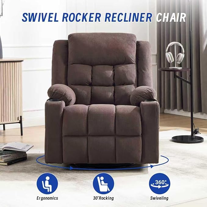 Swivel Recliner Chair for Adults with Massage and Heat,Manual Glider Rocking Recliner Chair with Cup Holds and Pockets,Reclining Rocker Chairs for Living Room R8811(Cocoa)