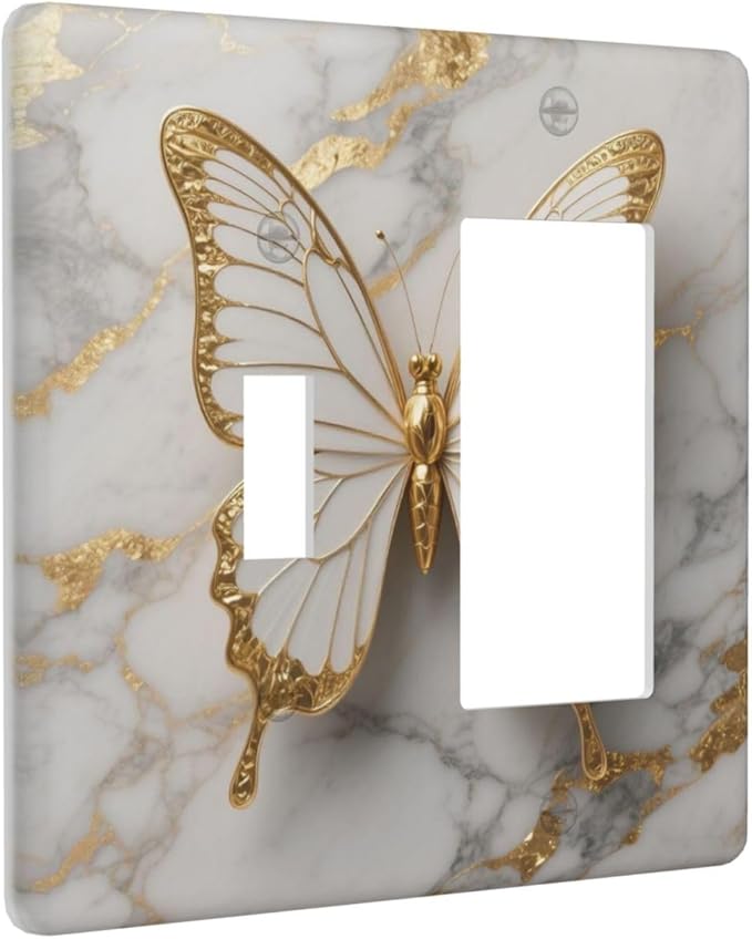Gold Marble Shine Butterfly Abstract Modern Print Outlet Covers 1 Toggle 1 Rocker Combination Decorative Wall Plate Electrical Switch Plates Light Switch Cover Plate for Bed Room Bathroom Decor
