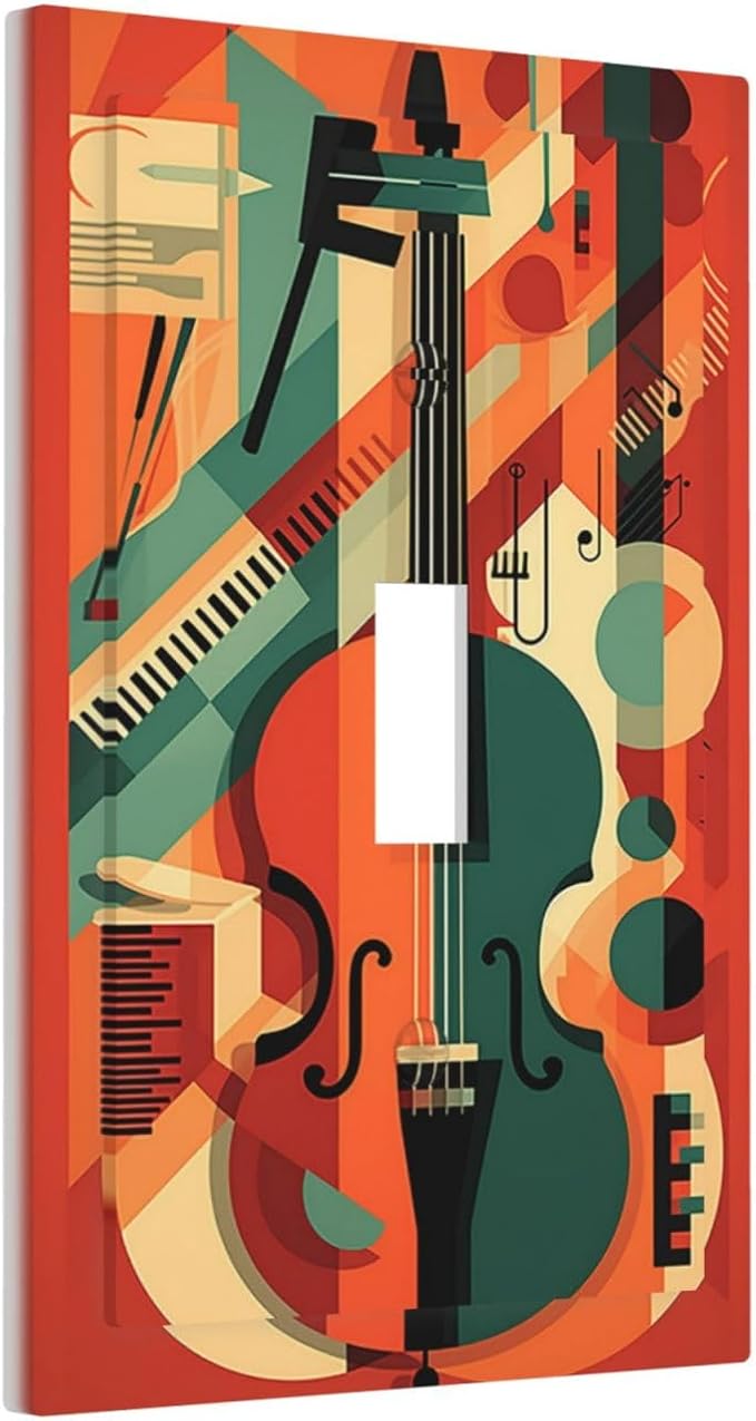 Decorative Light Switch Cover Violin Abstract Jazz Colorful Painting 1 Gang Single Toggle Device Electrical Faceplate Switchplates Decorator Outlet Wall Plate for living Room Office Decor
