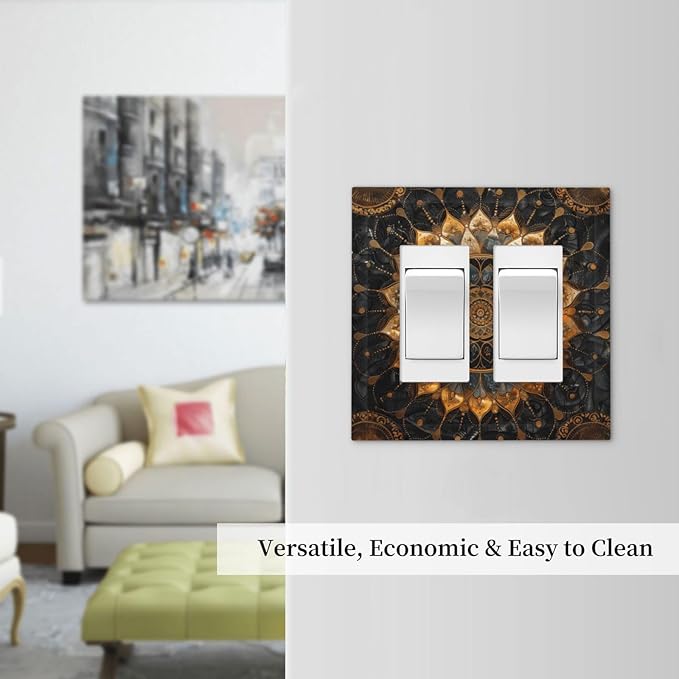 Cool Colorful Mandal Flowers Boho Floral Decorative Outlet Covers 2 Gang Double GFCI Rocker Electrical Wall Panels Light Switch Cover Plate for Bed Room Living Room Decor