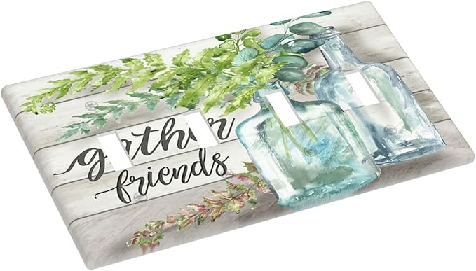 Light Switch Cover Watercolor Modern Flower 4 Gang Switch Plate Quad Toggle Wall Plates Floral Plant Wood Decorative Switchplate Electrical Outlet Cover Plates for Farmhouse Bathroom Decor
