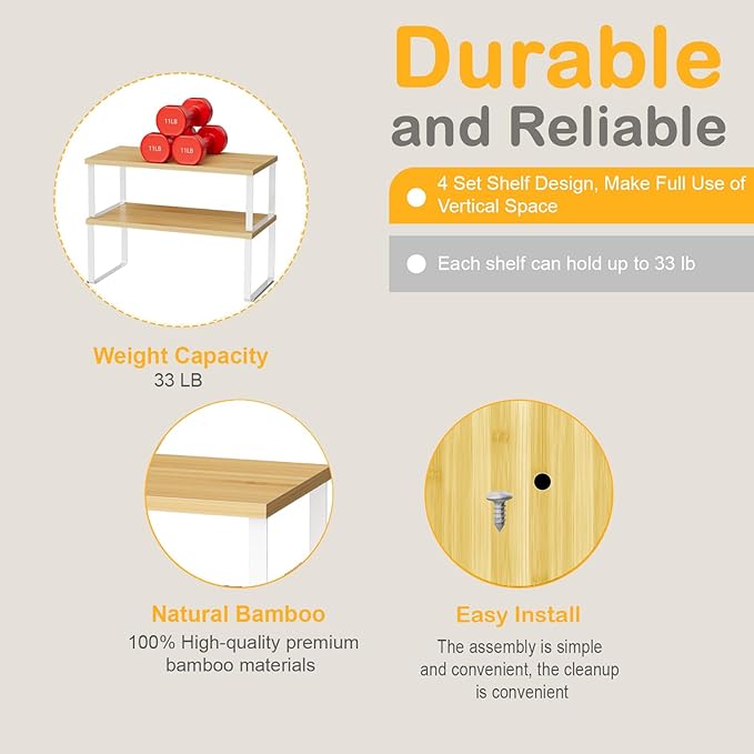 Cabinet Shelf Organizers, 15.7 inches Large Kitchen Counter Shelf, Set of 4 Wood Kitchen Pantry Organizer, Storage Shelves for Countertop, Spice Rack, Stackable, Expandable, Metal White, Nature