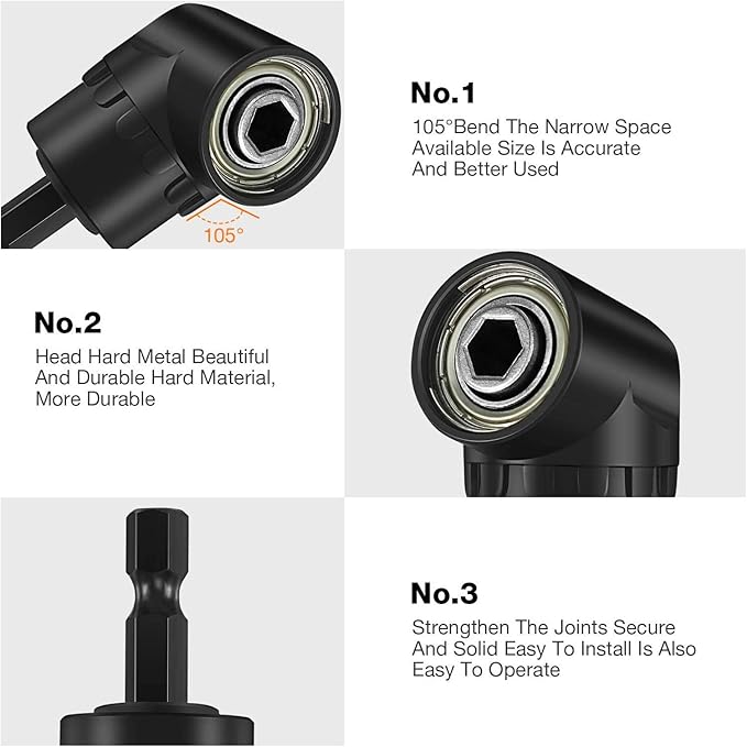 Right Angle Drill Adaptor,4-in-1 Impact Drill Bit Extension,360° Rotatable 1/4 3/8 1/2" Impact Grade Socket Adapter Set,105 Degree Angle Screwdriver Drill Bit for Household Workplace Industry