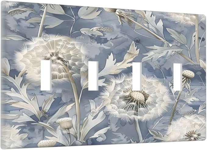Blue Dandelion Vintage Floral Boho Flower Light Switch Covers Quad Toggle Electrical Faceplate 4 Gang Wall Plate Decorative Switch Plates Cover for Bedroom Living Room Home Decor