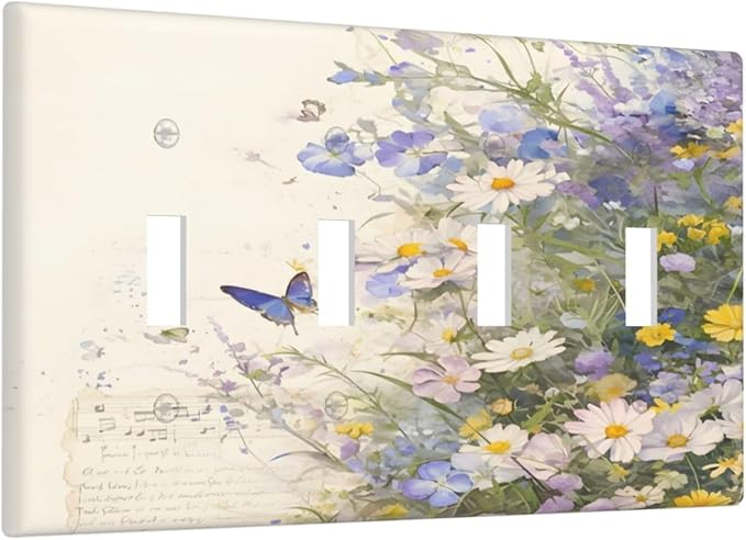 Decorative Switch Plate Covers Purple Flower Butterfly Yellow Daisy 4 Gang Light Switch Cover Plate Quad Toggle Wall Plate Light Switch Covers for Bathroom Decor