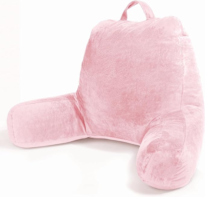 Sasttie Reading Pillow, Velvet Back Pillow for Bed Sitting Up, Adult Back-Rest Support Cushion with Arms for Sit Up on Couch, Sofa, and Floor, Dorm Essentials, Reading Accessories, Pink