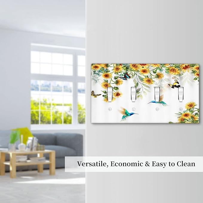 Yellow Sunflower Blue Hummingbird Butterfly Quad Toggle Light Switch Cover Decorative Rustic Farmhouse Floral Plant 4 Gang Wall Plate Cover 4 Hole Electrical Device Switchplates for Bathroom