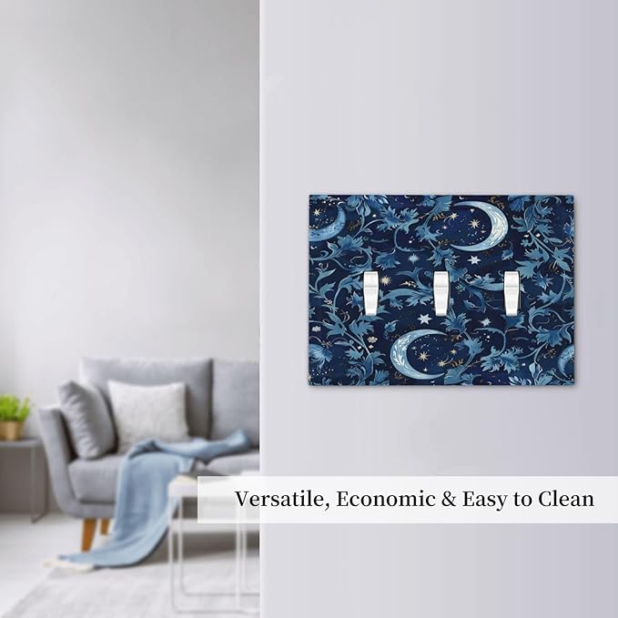 Decorative Switch Plates Vintage Moon And Flowers Decor Floral William Morris 3 Gang Wall Plate Triple Toggle Light Switch Cover Faceplate Electrical Wall Panels for Bedroom Kids room Decor