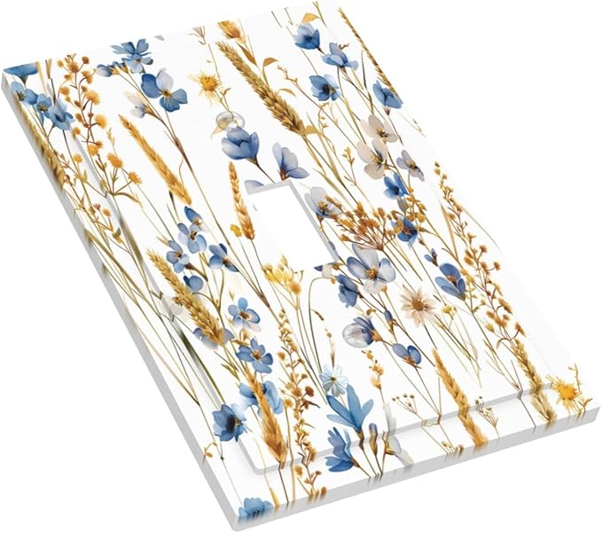 Vintage Wildflower Blue Gold Country Fall Wheat Floral Decorative Light Switch Cover 1 Gang Single Toggle Device Electrical Faceplate Switchplates Decorator Outlet Wall Plate for Bedroom Living Room