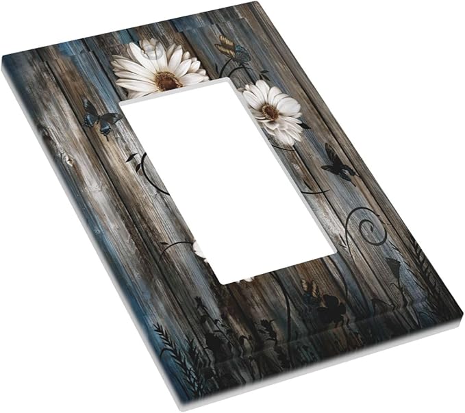 Rustic Wood Background Floral Butterfly Daisy Decorative Outlet Covers 1 Gang Single Rocker Light Switch Cover Plate Wall Plates GFCI Faceplate for Farmhouse Bedroom Decor