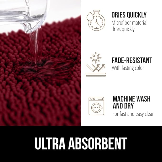 GORILLA GRIP Bathroom Rug Sets 3 Piece, Bath Mat Set and Oval Toilet Base with Rubber Backing, Plush Absorbent Shaggy Chenille Washable Mats, Includes 24x19.5, 24x17 and 30x20 Inch Rugs, Burgundy