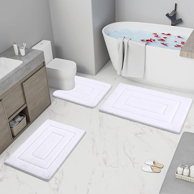 Buganda Bathroom Rugs, 59" x 20", Soft and Absorbent Microfiber Bath Rugs, Non-Slip Shaggy Shower Carpet, Machine Wash Dry Bath Mats for Bathroom Floor, Tub and Shower, White