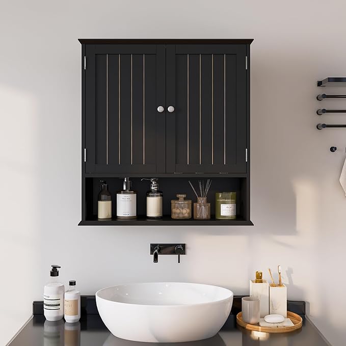Over The Toilet Bathroom Wall Cabinet with 2 Doors & Open Shelf – Space Saving Medicine Cabinet, Wooden Wall Mounted Storage Cupboard for Bathroom Organization Black