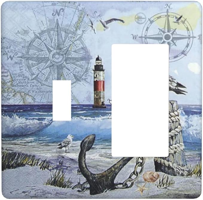 Light Switch Cover Sea Ocean Sand Coast Compass Ship Lighthouse Anchor 2 Gang Toggle Rocker Combo Wall Plates Decorative Switch Plates and Outlet Covers Receptacle Cover for Bathroom Decor
