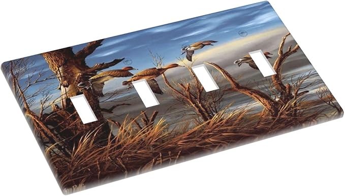Hunting Flying Wild Ducks Quad Toggle Light Switch Covers Decorative 4 Gang Wall Plate Covers Fall Lakeside Reed Wildlife Animal Mallard 4 Hole Device Electrical Switchplate for Bathroom Decor