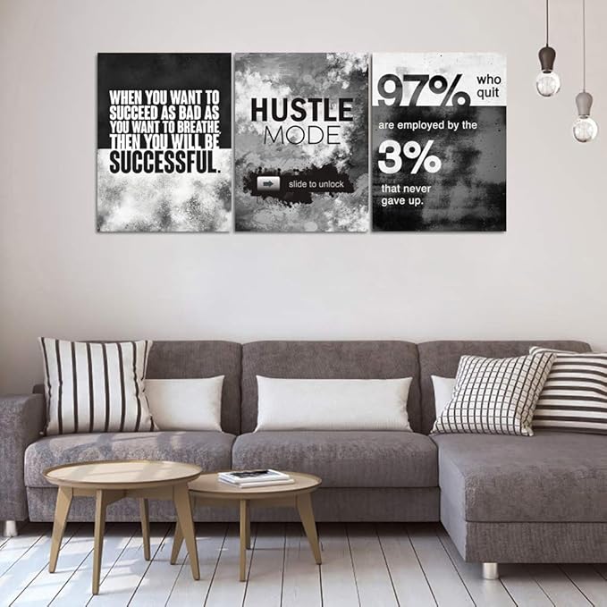 Motivational Office Wall Decor, Inspirational Canvas Wall Art, 3 Pieces Hustle Posters Prints Entrepreneur Success Quote Wall Decor for Lobby Meeting Room Hallway Living Room(72”Wx36”H)