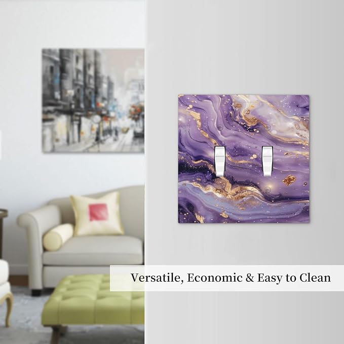 Luxury Marble Texture Purple And Gold Abstract Print Decorative Switch Plates 2 Gang Double Toggle Outlet Light Switch Cover Wall Plate Electrical Faceplate for Bathroom Home Decor