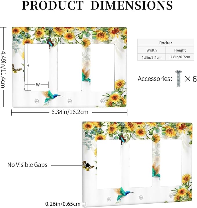 Yellow Sunflower Blue Hummingbird Butterfly Triple Rocker Outlet Covers Decorative Rustic Farmhouse Floral Plant 3 Gang Light Switch Cover Gfci Electrical Switchplate Receptacle Wall Plate