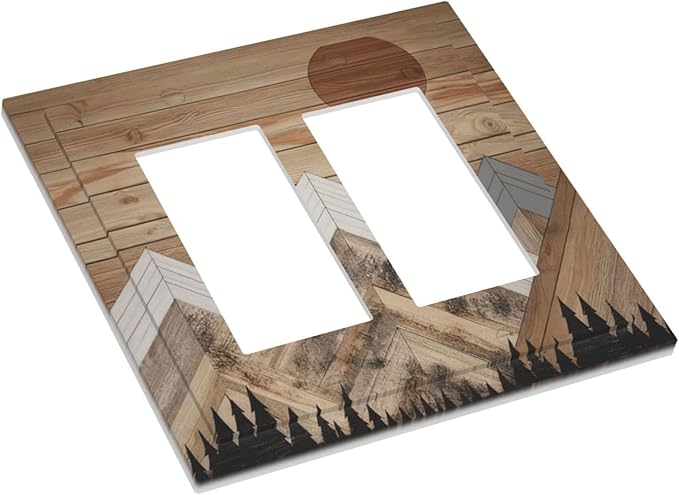 Wooden Planks Mosaic Snow Mountain Sun Decorative Outlet Covers 2 Gang Double GFCI Rocker Electrical Wall Panels Light Switch Cover Plate for Farmhouse Home Decor