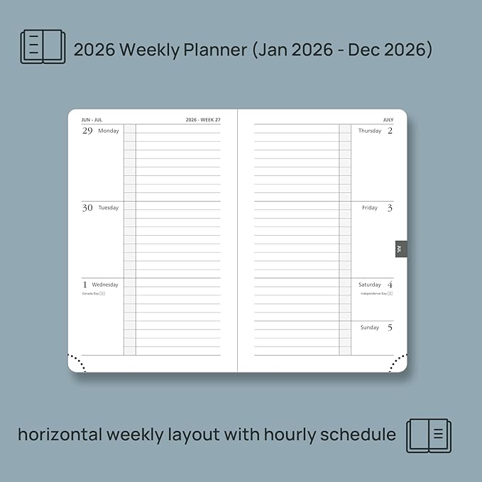 POPRUN 2026 Weekly & Monthly Planner Calendar,Pocket 4'' x 6.25'', Horizontal Layout with Lined Sections, Jan. 2026 - Dec. 2026, Leather Hardcover, 100GSM Paper, Inner Pocket - Pacific Green