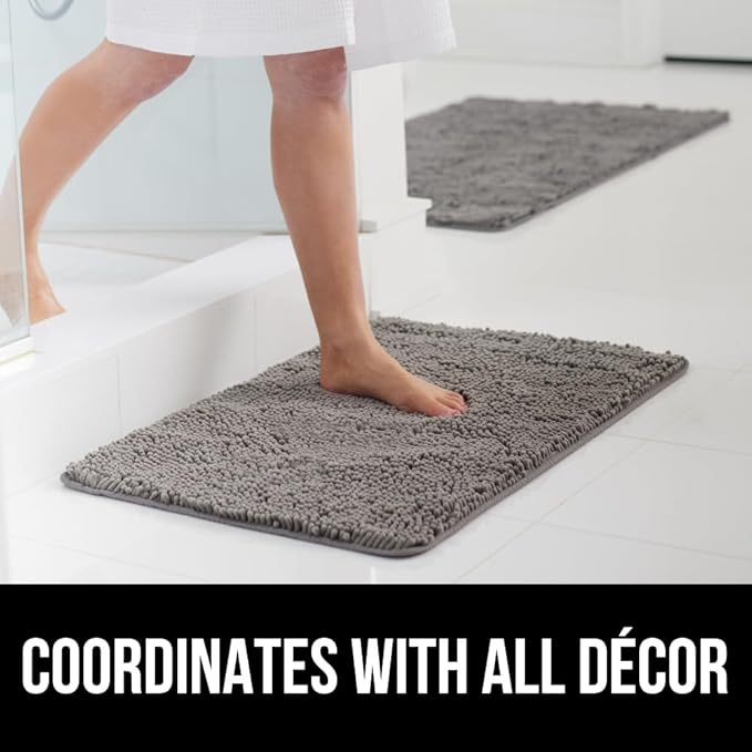 GORILLA GRIP Bathroom Rug Sets 3 Piece, Bath Mat Set and Oval Toilet Base with Rubber Backing, Plush Absorbent Shaggy Chenille Washable Mats, Includes 24x19.5, 24x17 and 36x24 Inch Rugs, Grey