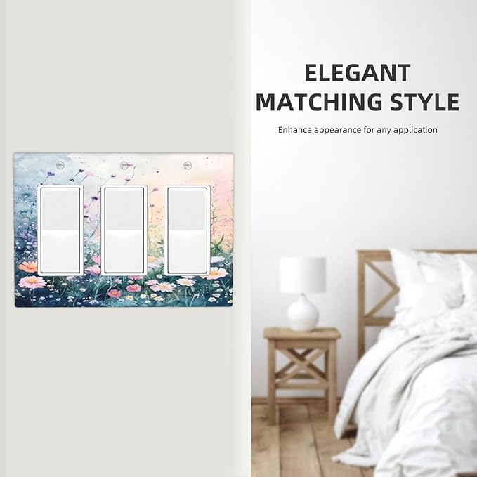 Decorative Outlet Covers Pink Floral Wildflower Green Plants 3 Gang Gfci Wall Plate Triple Rocker Light Switch Cover Plate Switch Plate Covers for Bathroom Decor