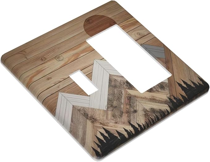 Wooden Planks Mosaic Snow Mountain Sun Outlet Covers 1 Toggle 1 Rocker Combination Decorative Wall Plate Electrical Switch Plates Light Switch Cover Plate for Farmhouse Home Decor