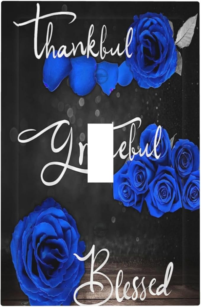 Light Switch Cover Blue Rose Thankful Grateful Blessed 1 Gang Wall Plate Cover Romantic Blue Floral Single Toggle Outlet Covers Decorative Switchplate Electrical Faceplate for Home Decor