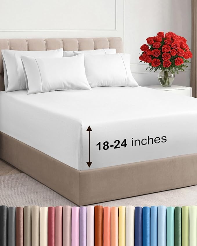 Extra Deep Queen Sheet Set - 6 Piece Breathable and Cooling Sheets - Hotel Luxury Bed Sheets Set - Easy & Secure Fit - Soft, Wrinkle Free and Comfy Sheets Set - White Sheet Set with Extra Deep Pockets