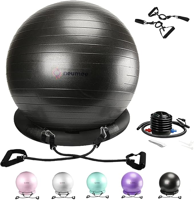 Yoga Ball Chair with 65cm Exercise Ball & 2 Resistance Bands, Stability Base for Home Office, Yoga, Pilates & Fitness, Balance Ball for Posture, Core Strength & Low Impact Workouts