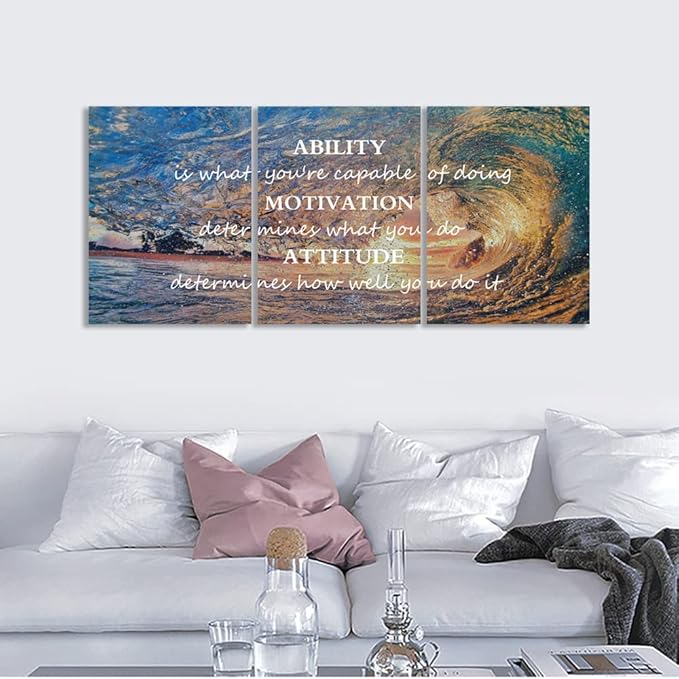 Unbruvo Motivational Wall Art for Office, 3 Pieces Canvas Painting with Inspirational Quotes, Ability Motivation Attitude Prints for Living Room Bedroom Study Room Decor (48" W x 24" H)