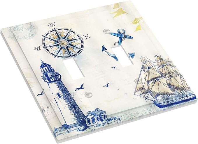 Nautical Sailboat Lighthouse Compass Anchor Double Toggle Light Switch Covers Plate Decorative 2-Gang Wall Plate Cover Rustic Dual Device Electrical Switchplate Faceplate for Country Bathroom