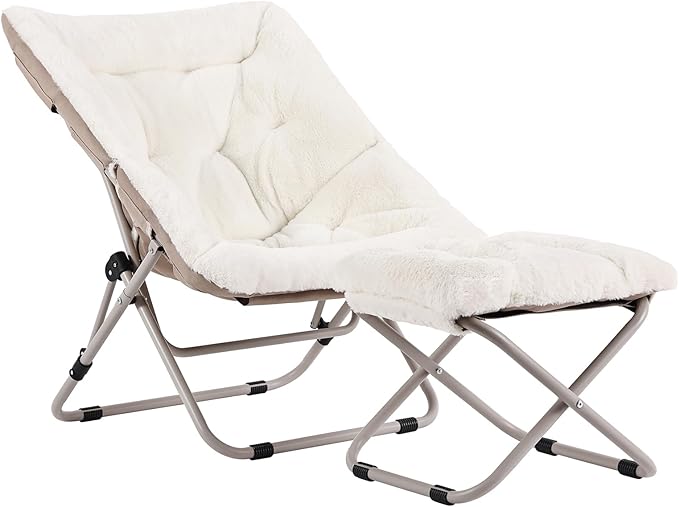 Tiita Folded Chair with Straight Ottoman, Soft Faux Fur Oversized Folding Accent Chair,Lounge Lazy Chair, Metal Frame Moon Chair for Bedroom, Living Room, Dorm Rooms, Garden and Courtyard, Beige