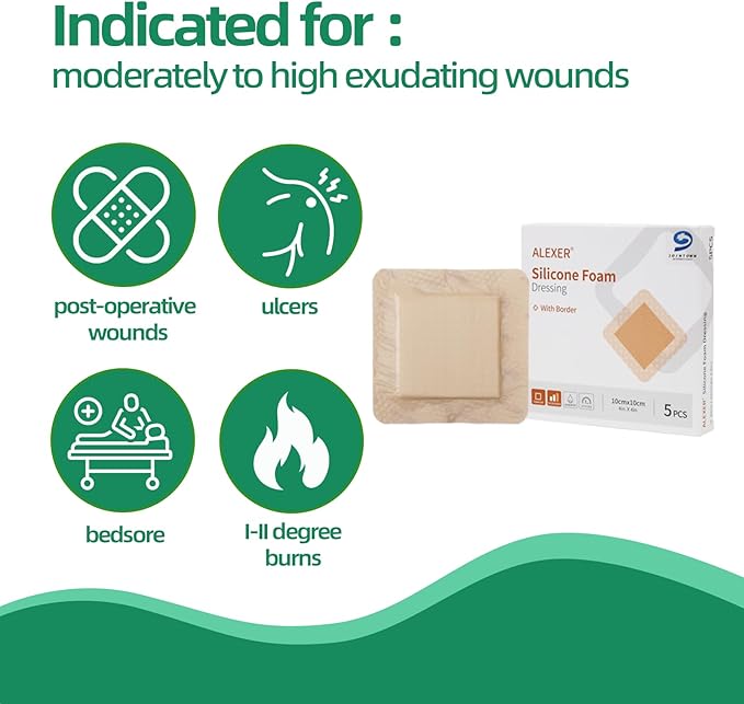 Jointown Foam Wound Care Dressing, Adhesive Silicone Foam Dressing with Border, Waterproof Bed Sore Bandages, 6"x6", 5 PCS