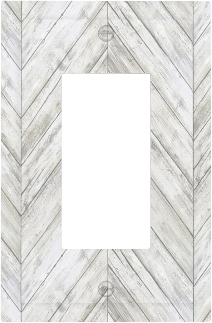 Rustic White Gray Herringbone Wood 1 Gang Rocker Light Switch Plate Vintage Country Single Decora Outlet Wall Plate Cover Faceplate Decorative Switchcovers GFCI for Farmhouse Living Room Decor