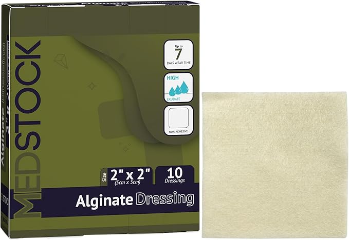 MEDSTOCK Alginate Dressing, 2"x2" (Pack of 10), Highly Absorbent Non-Woven Wound Care, Gel Formation for Optimal Healing Environment, Made with 100% Calcium Alginate Fibres