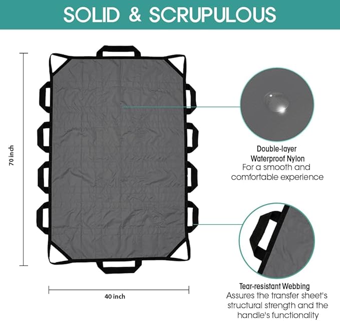 Bed Positioning Pad with Reinforced Handle 70" X 40" Multipurpose Waterproof Transfer Sheet for Turning Lifting & Sliding Reusable Washable Patient Positioning Sheet for Bedridden Caregiver Gray